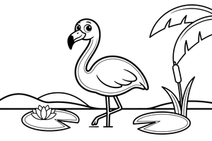 A flamingo curving its long neck into an S shape – Flamingo Pond coloring page