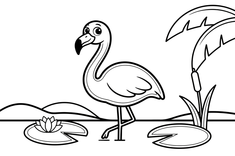 A flamingo curving its long neck into an S shape – Flamingo Pond coloring page