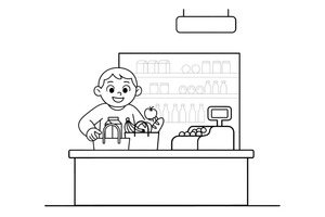 A person packing groceries into a shopping bag – Cozy Grocery Store coloring page