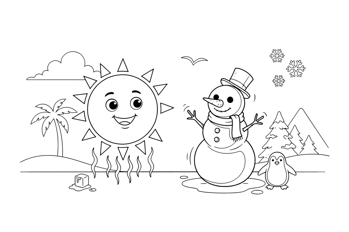 A bright sun with wavy heat lines on one side and a shivering snowman on the other – Opposite Concepts coloring page