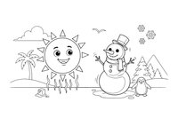 A bright sun with wavy heat lines on one side and a shivering snowman on the other – Opposite Concepts coloring page