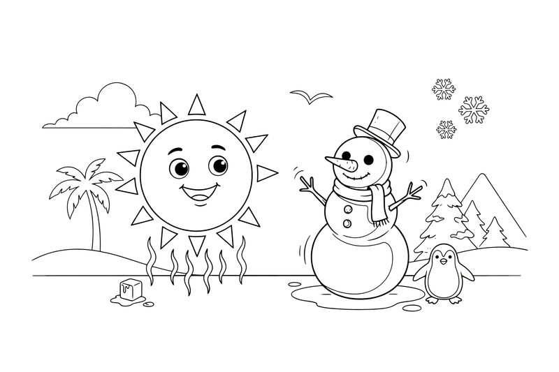 A bright sun with wavy heat lines on one side and a shivering snowman on the other – Opposite Concepts coloring page