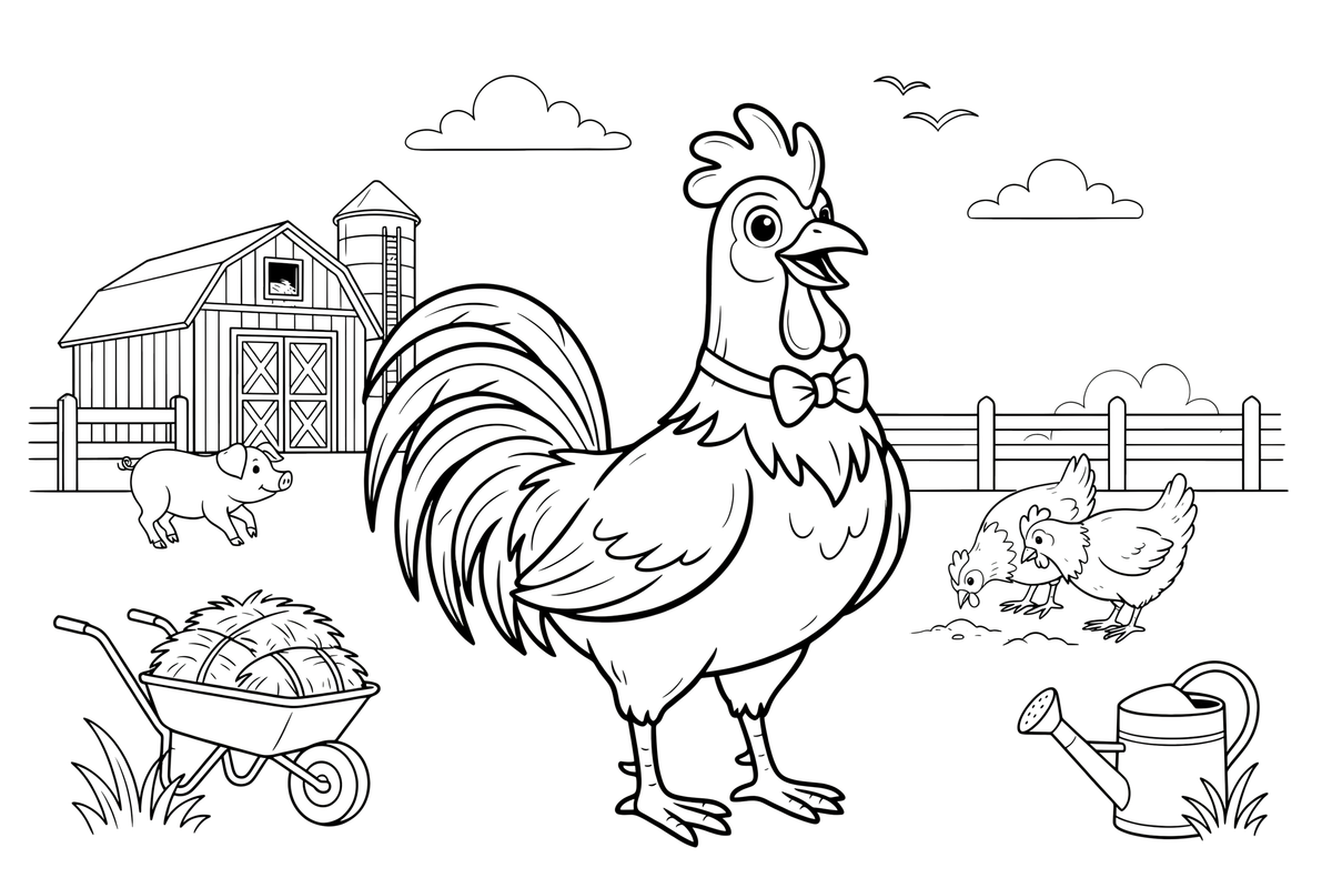A rooster standing proudly in the farmyard – Rooster Farm Animal coloring page