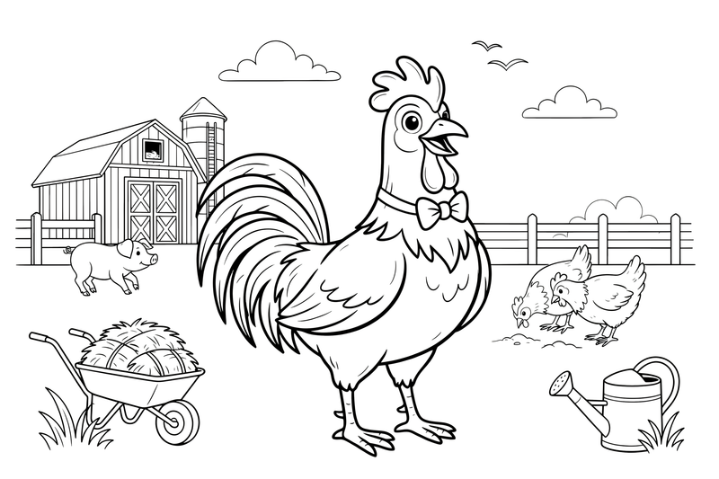 A rooster standing proudly in the farmyard – Rooster Farm Animal coloring page