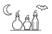 A row of spooky potion bottles with corks and bubbling tops – Spooky Halloween coloring page