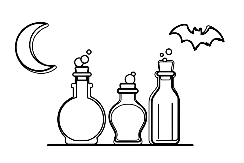 A row of spooky potion bottles with corks and bubbling tops – Spooky Halloween coloring page