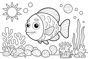A big fish in front of a colorful coral reef, the fish large and centered – Magical Underwater World coloring page
