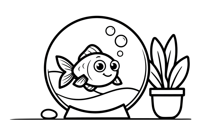 A goldfish swimming in a round fishbowl – Goldfish coloring page
