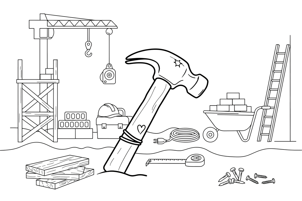One big hammer, close up – Builder's Tools coloring page