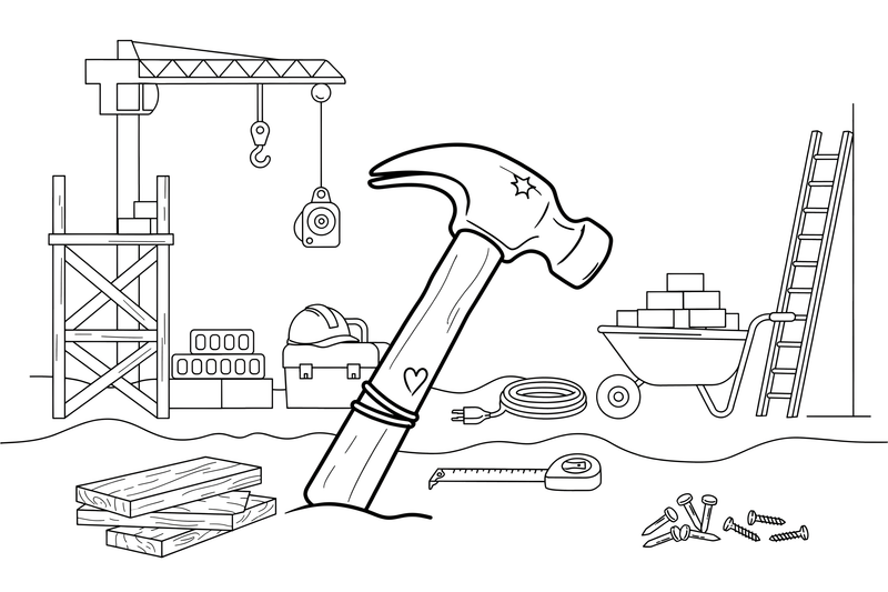 One big hammer, close up – Builder's Tools coloring page