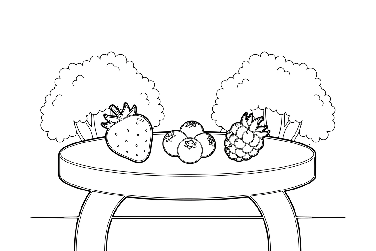 A table full of different berries — strawberries, blueberries and raspberries – Juicy Berries coloring page
