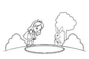 Alice peeking down a big rabbit hole – Alice in Wonderland Story coloring page