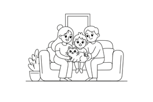 A family cuddling with a cat on the sofa – Happy Family Moments coloring page