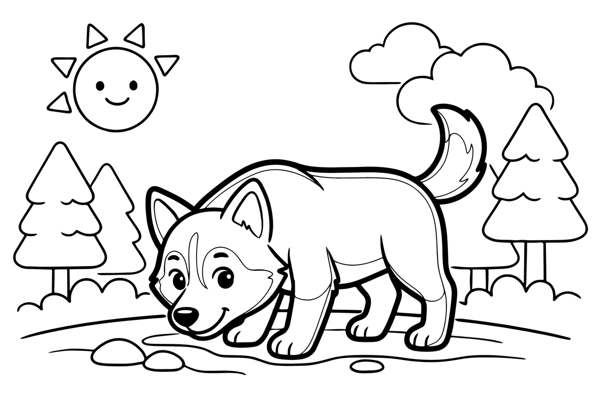 Husky drinking from a forest stream – Husky Dog Playtime coloring page