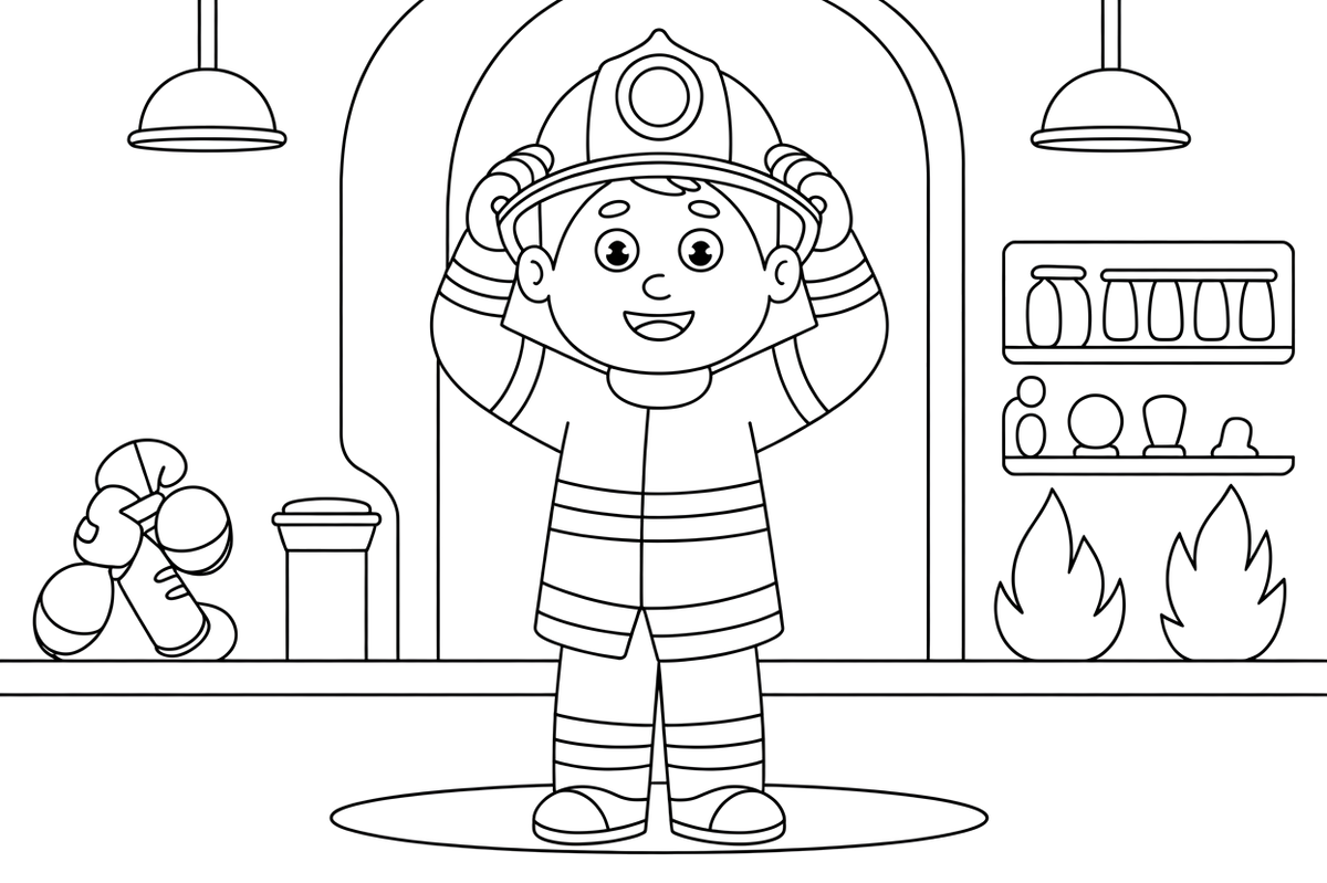 A firefighter putting on a helmet – Fire Station coloring page