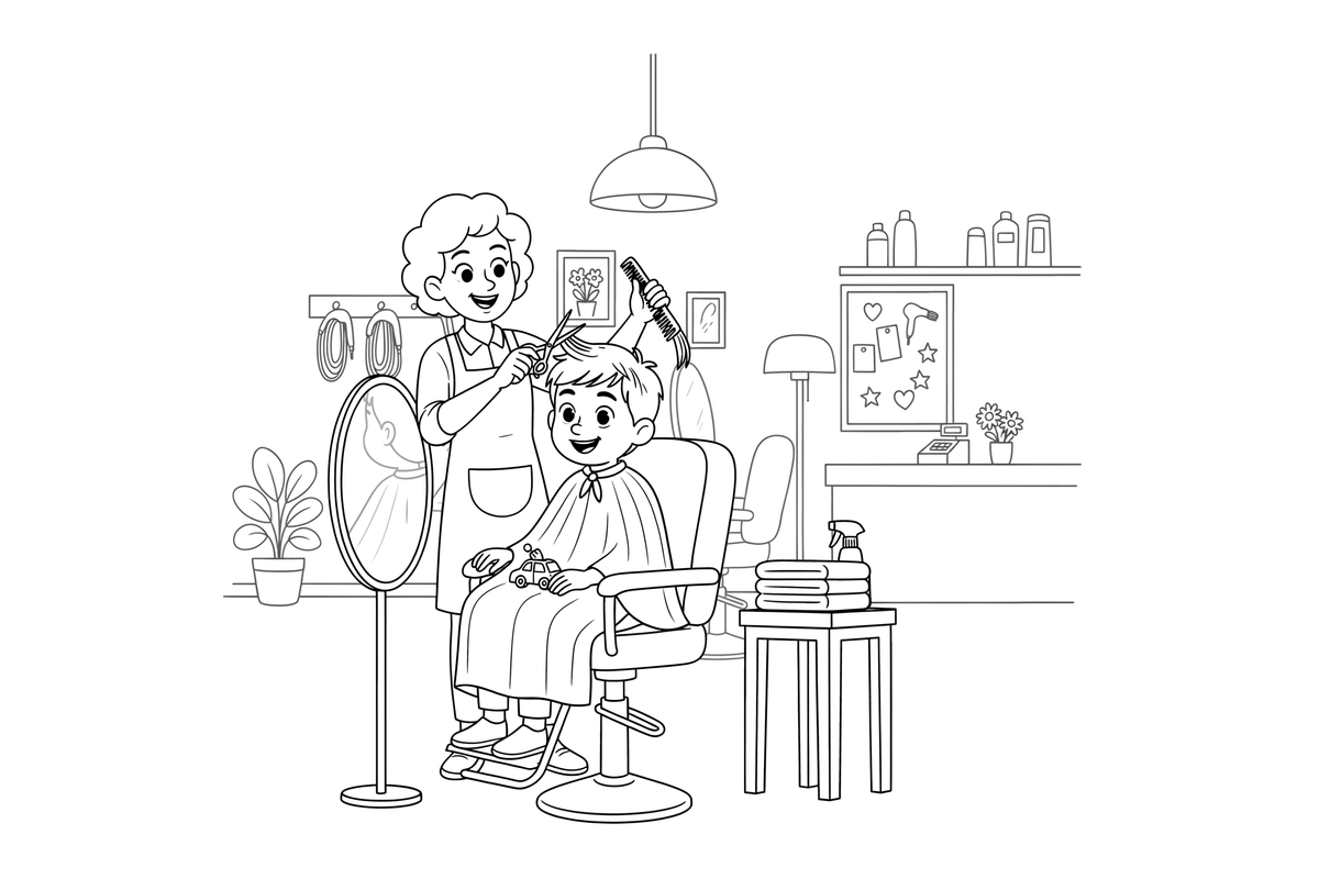 A hairdresser cutting a child's hair with scissors – Hair Salon coloring page