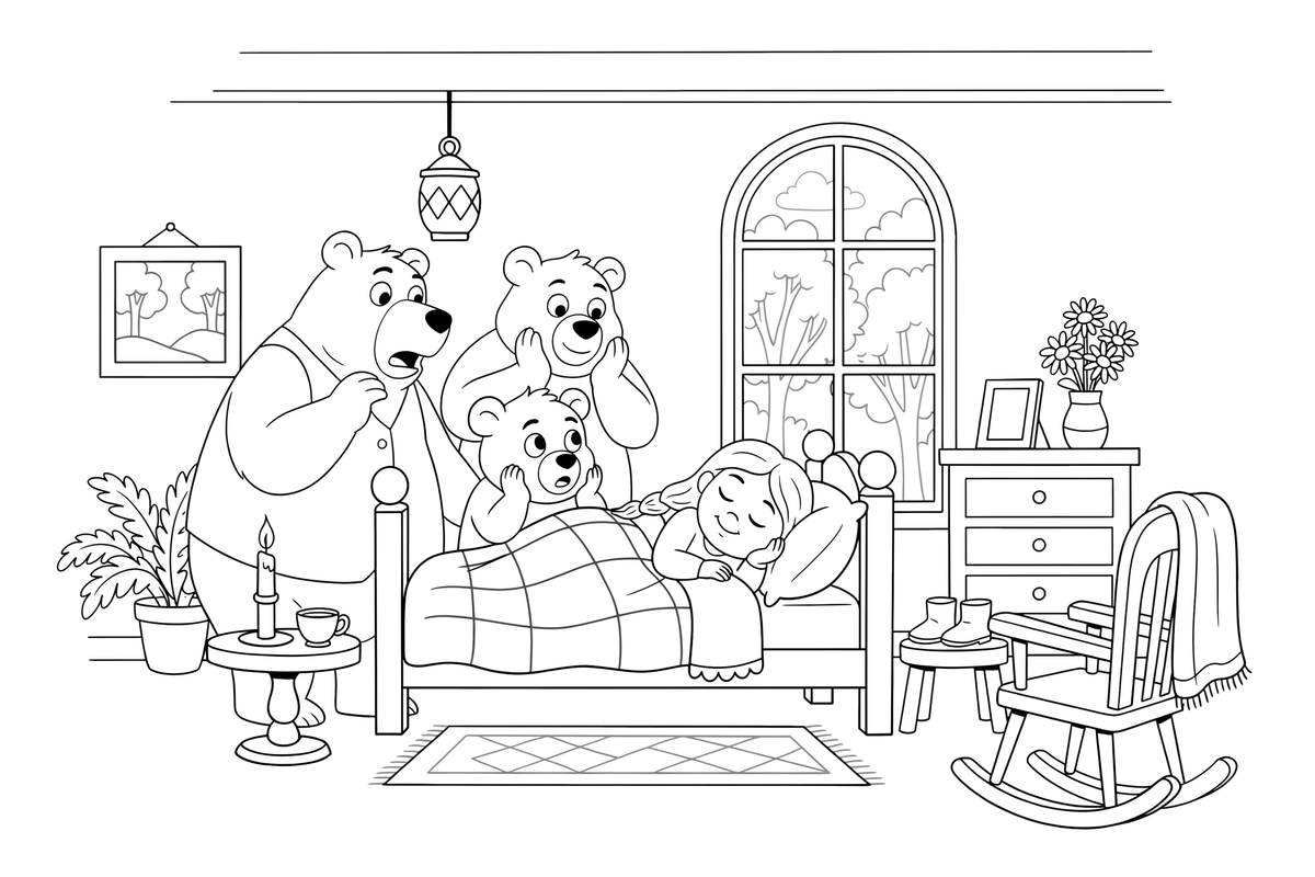 The three bears finding Goldilocks asleep in the little bed – Goldilocks and the Three Bears Story coloring page