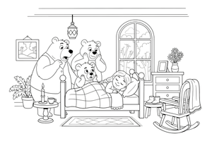 The three bears finding Goldilocks asleep in the little bed – Goldilocks and the Three Bears Story coloring page