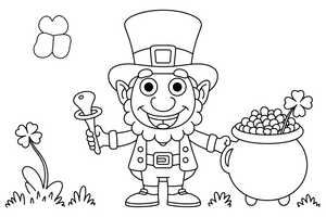 A friendly smiling leprechaun with a tall hat and a curly beard – St. Patrick's Day coloring page