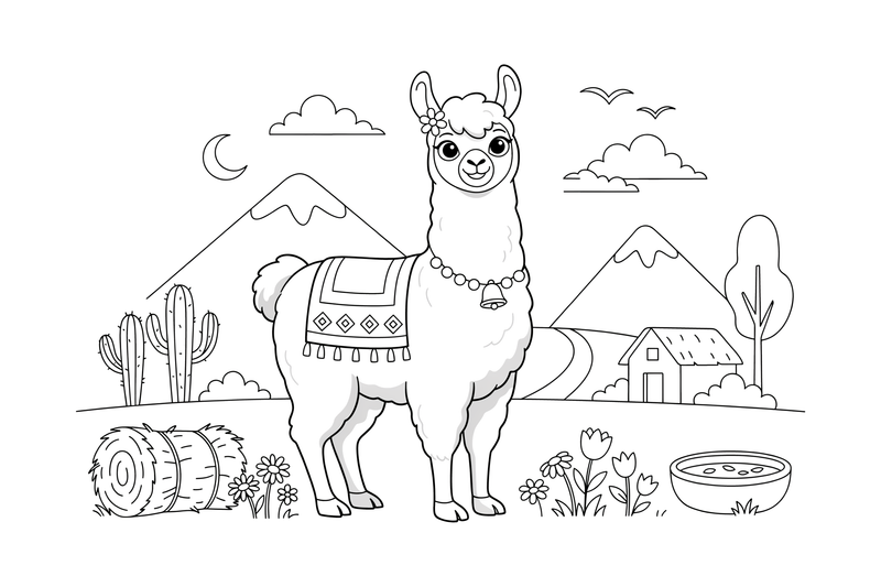 A llama standing tall with fluffy fur – Llama coloring page