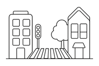 A city street with tall buildings, a traffic light and a crossing – Vibrant City Places coloring page