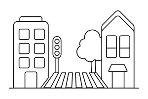 A city street with tall buildings, a traffic light and a crossing – Vibrant City Places coloring page