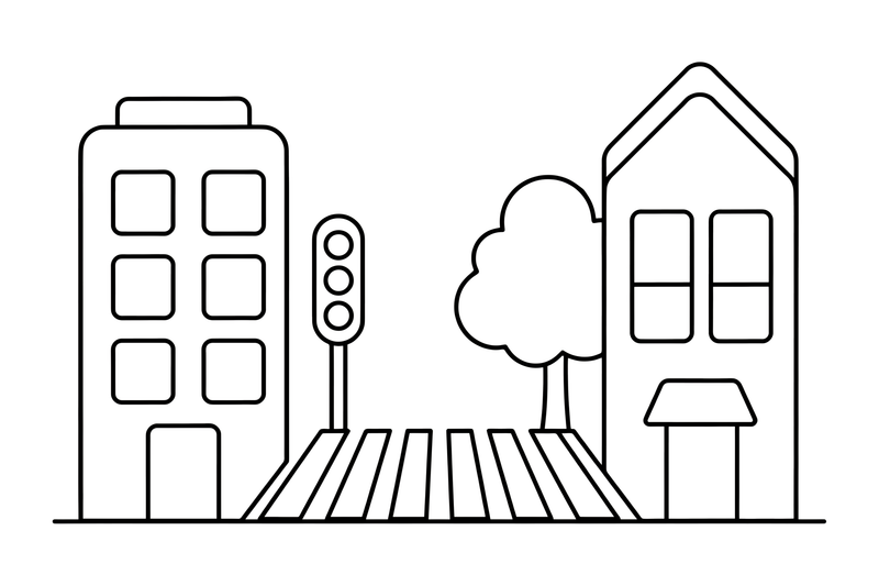 A city street with tall buildings, a traffic light and a crossing – Vibrant City Places coloring page