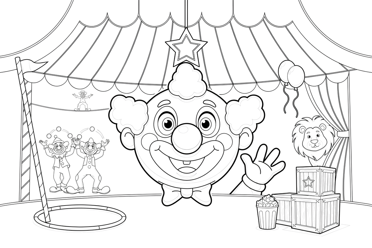 One big clown face up close, round nose and curly hair – Colorful Circus Tent coloring page