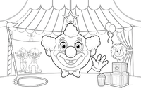One big clown face up close, round nose and curly hair – Colorful Circus Tent coloring page