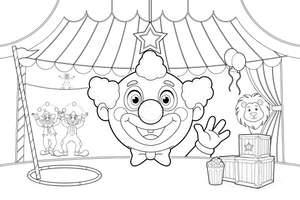 One big clown face up close, round nose and curly hair – Colorful Circus Tent coloring page