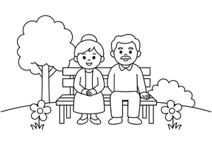Grandma and grandpa sitting together on a bench – Cherished Grandparent Family coloring page