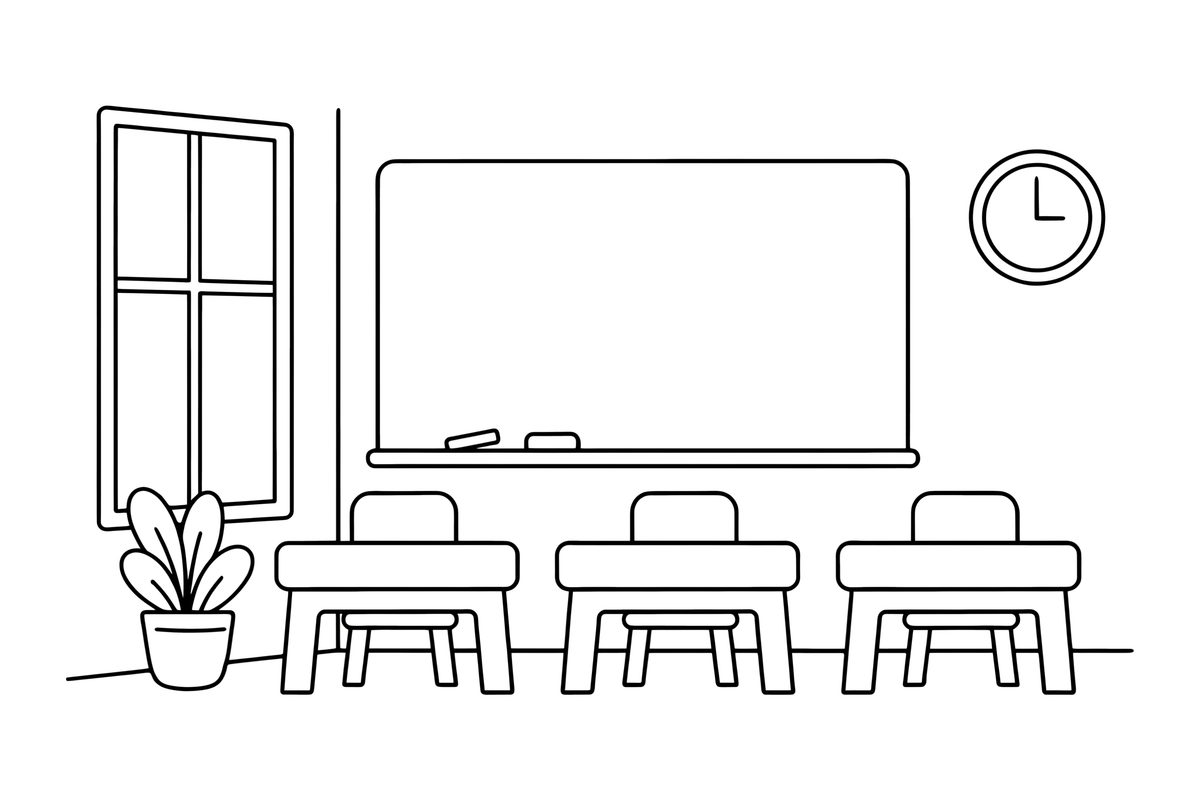 A classroom with a blackboard and desks – School coloring page