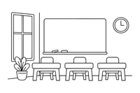 A classroom with a blackboard and desks – School coloring page