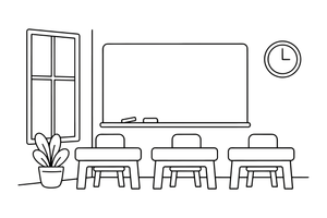 A classroom with a blackboard and desks – School coloring page