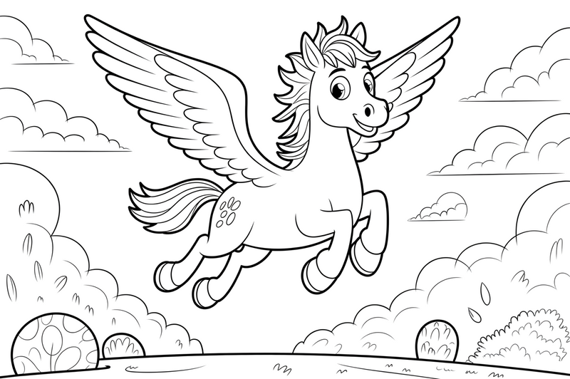 Pegasus flying high above fluffy clouds – Pegasus Magical Flight coloring page