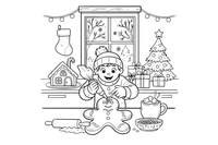 A child decorating one big gingerbread cookie, close up – Christmas Winter Festivities coloring page