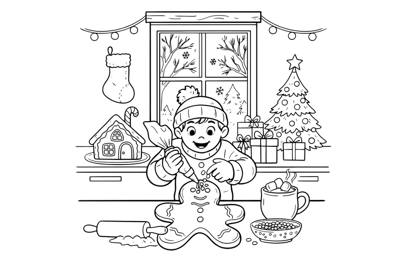 A child decorating one big gingerbread cookie, close up – Christmas Winter Festivities coloring page