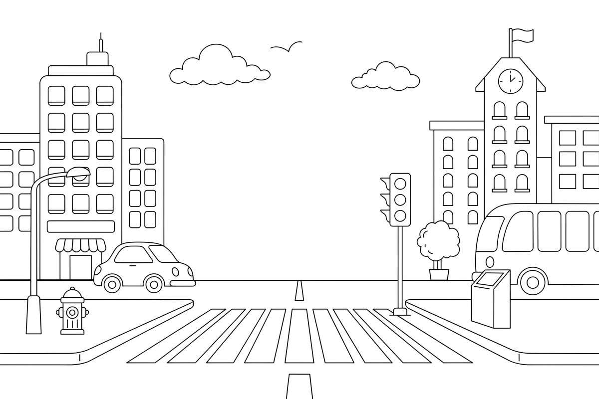 A city street with tall buildings, a traffic light and a crossing – Vibrant City Places coloring page