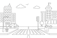 A city street with tall buildings, a traffic light and a crossing – Vibrant City Places coloring page