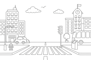 A city street with tall buildings, a traffic light and a crossing – Vibrant City Places coloring page