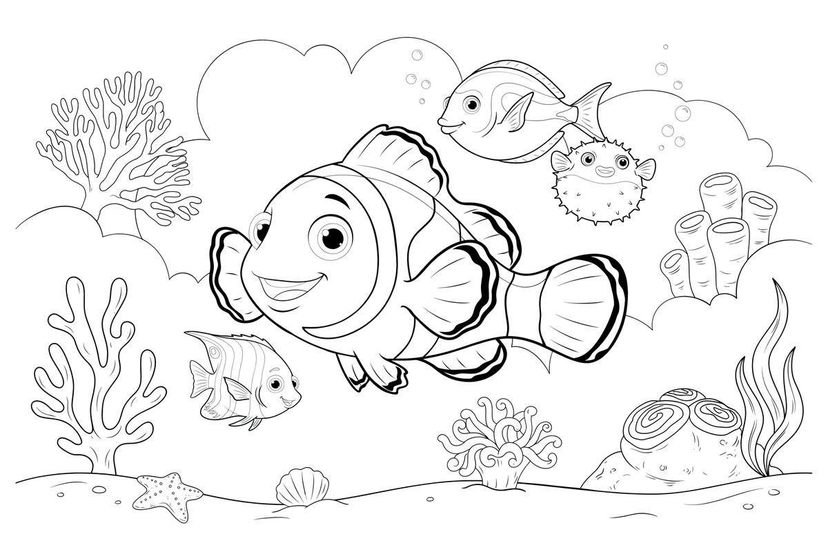 Different fish swimming together in a coral reef – Fishes coloring page