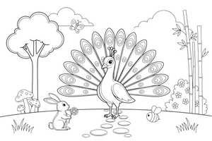 A peacock showing off its big fanned tail – Peacock Bird coloring page