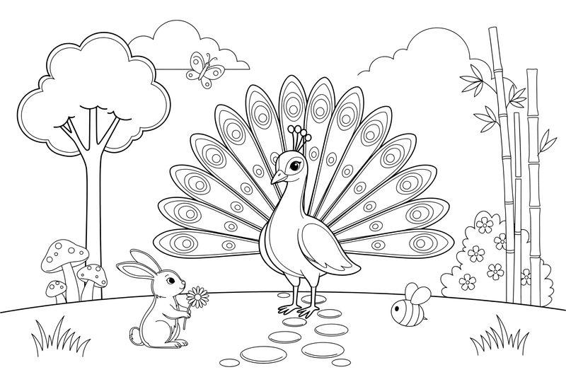 A peacock showing off its big fanned tail – Peacock Bird coloring page