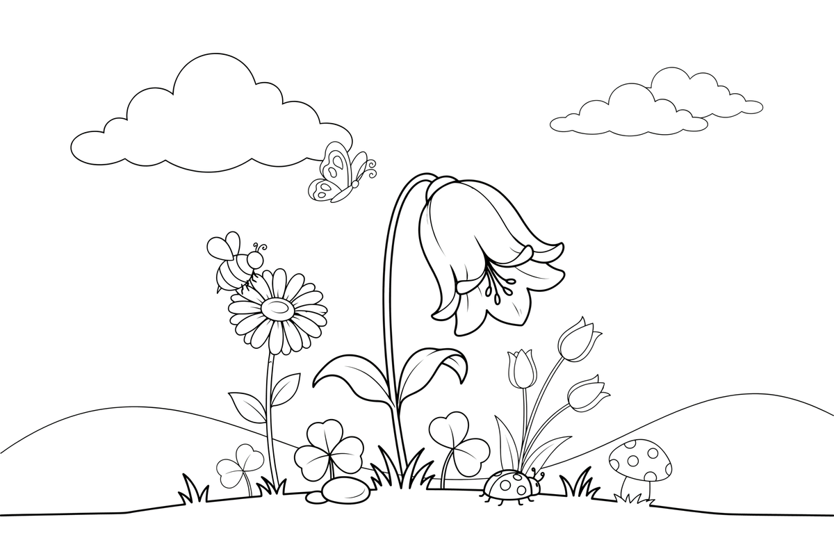 One big bell-shaped flower drooping on a thin stem – Wildflowers coloring page