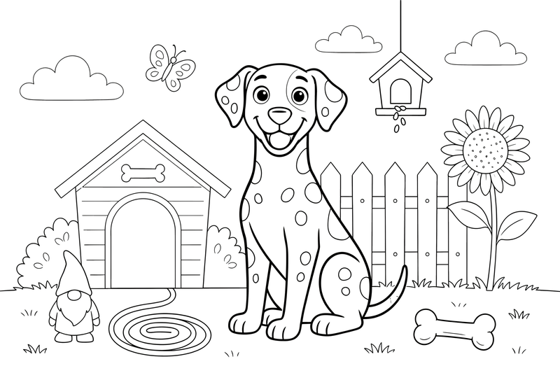 A Dalmatian sitting in the yard – Dalmatian coloring page