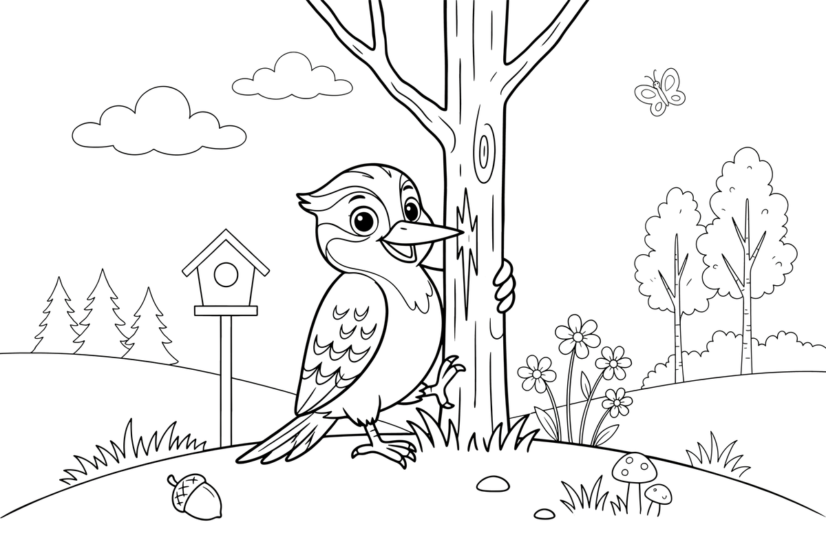 A woodpecker pecking at a tree trunk – Lithuanian Bird Collection coloring page
