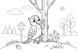 A woodpecker pecking at a tree trunk – Lithuanian Bird Collection coloring page