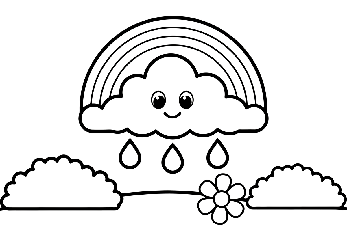 A little cloud raining under a bright rainbow – Rainbow coloring page