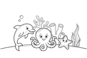 A dolphin, an octopus and a starfish by a coral reef – Colorful Sea Creature coloring page