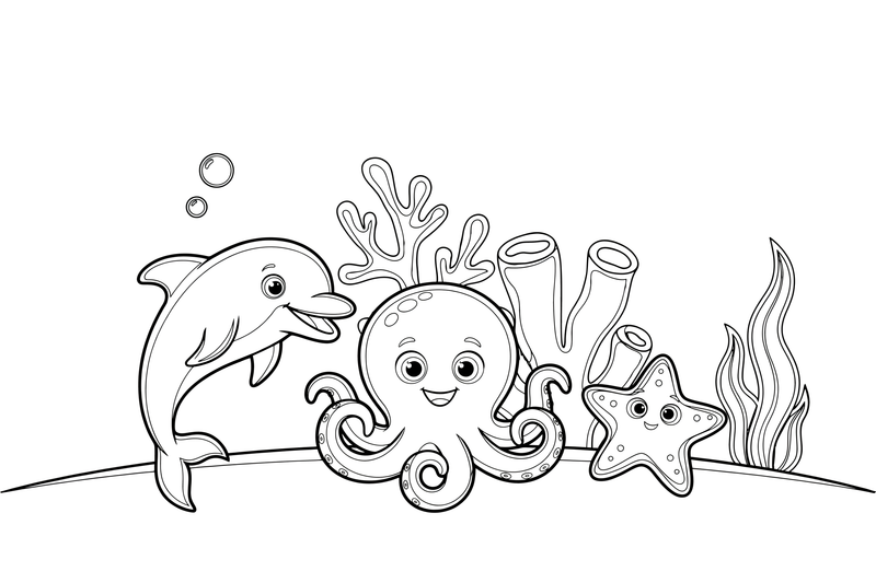 A dolphin, an octopus and a starfish by a coral reef – Colorful Sea Creature coloring page